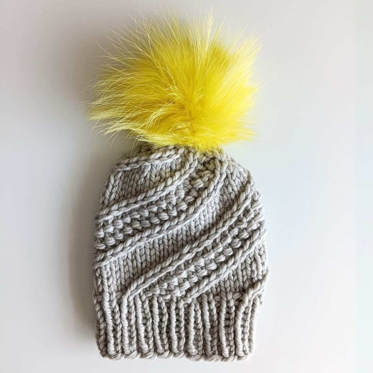 Adult Merino Hat - Light Grey with Removable Yellow Pompom