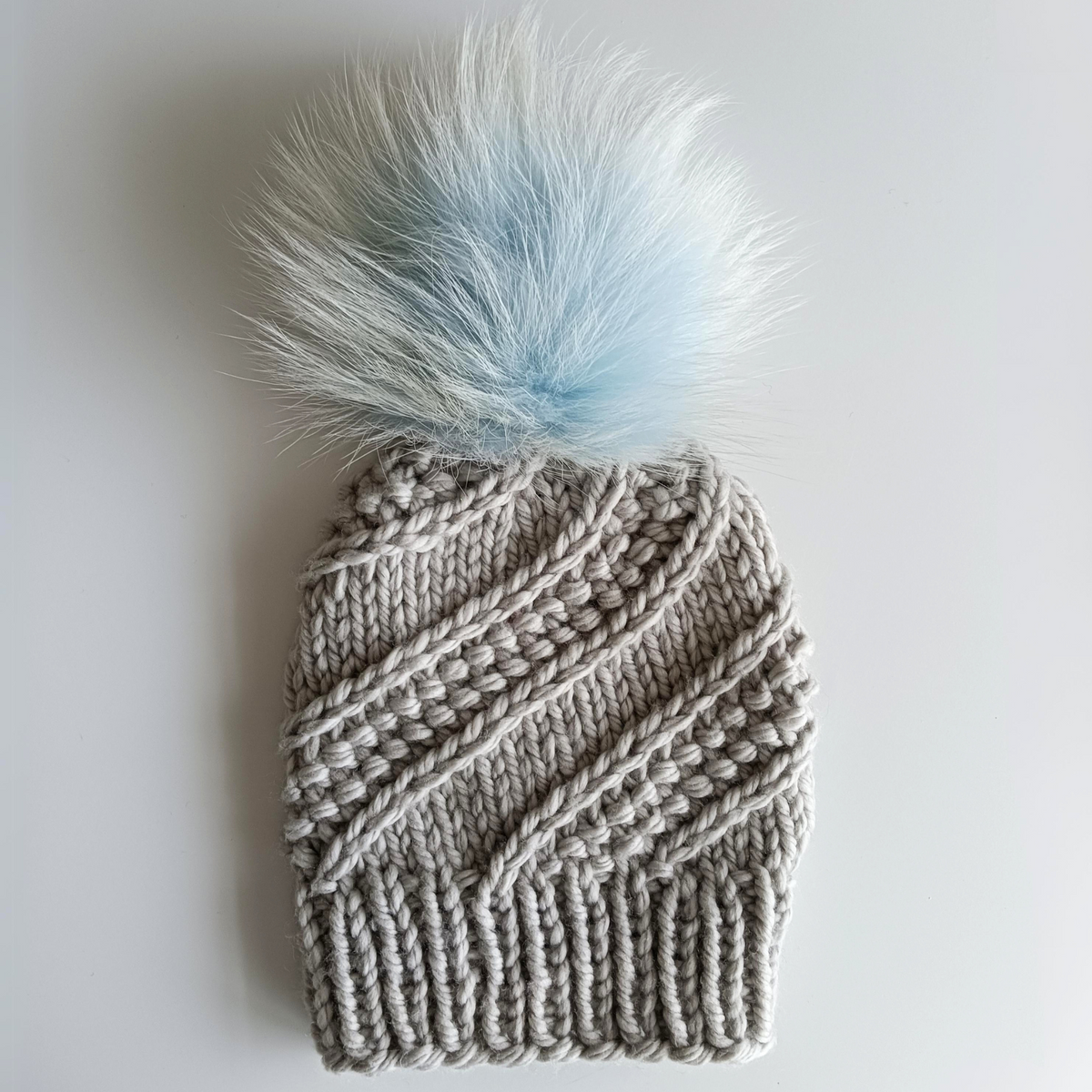 Adult Merino Hat - Light Grey with Removable Ice Blue Pompom