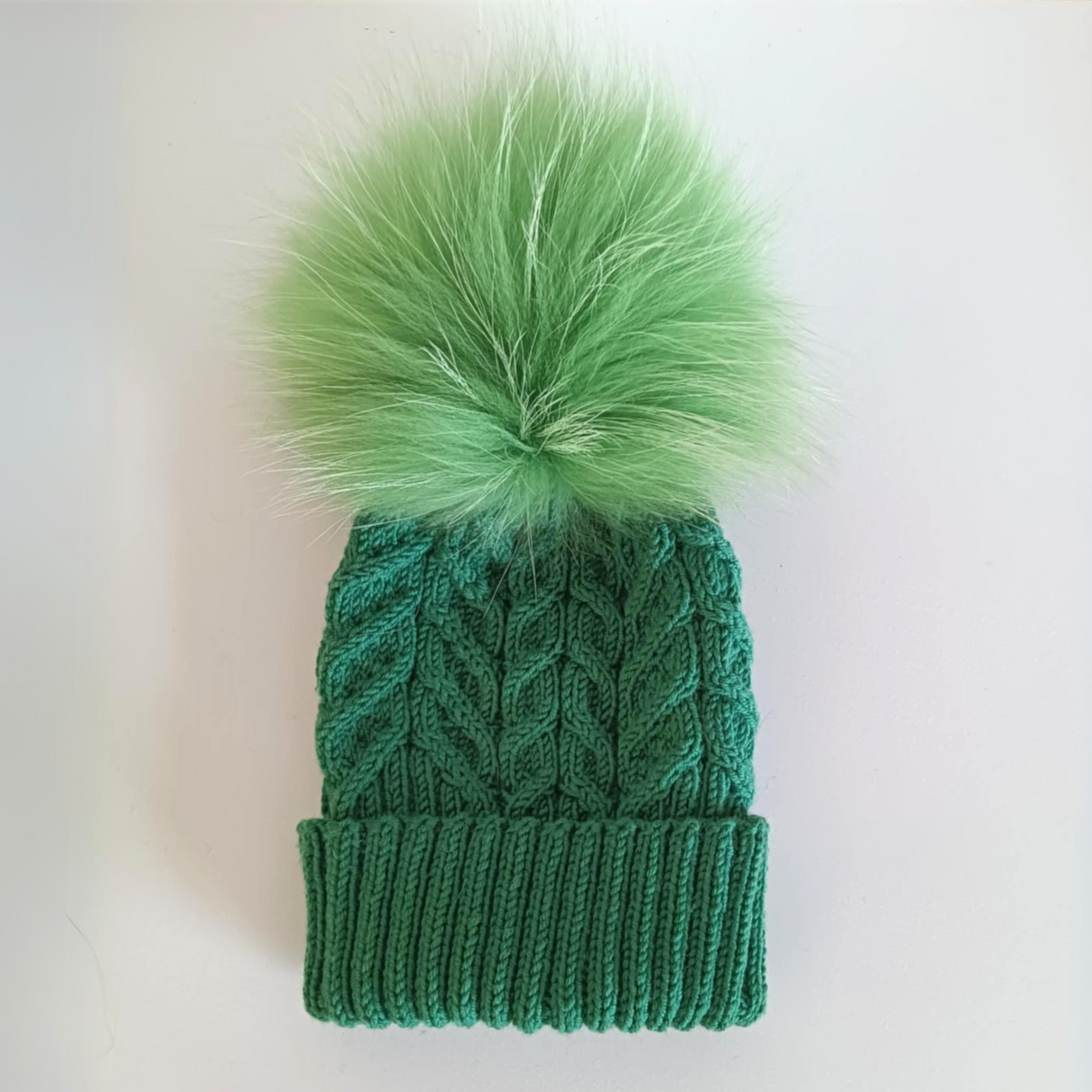 Adult Merino Cable Hat - Forrest Green with Large Green Pompom