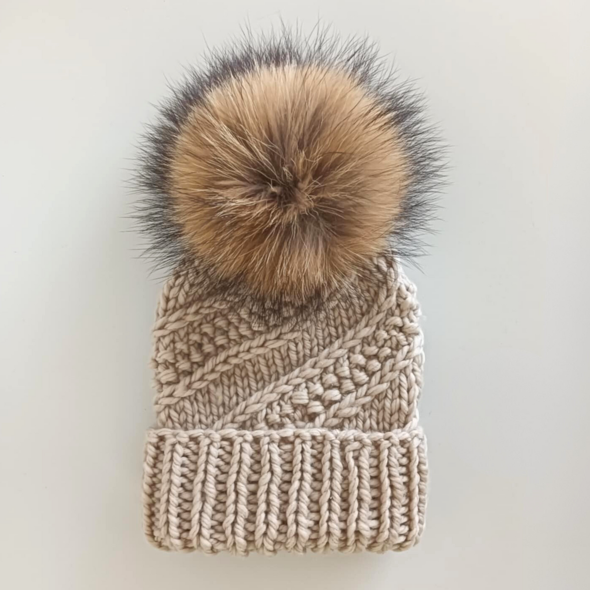 Adult Merino Hat - Oat Colour with Removable Pompom