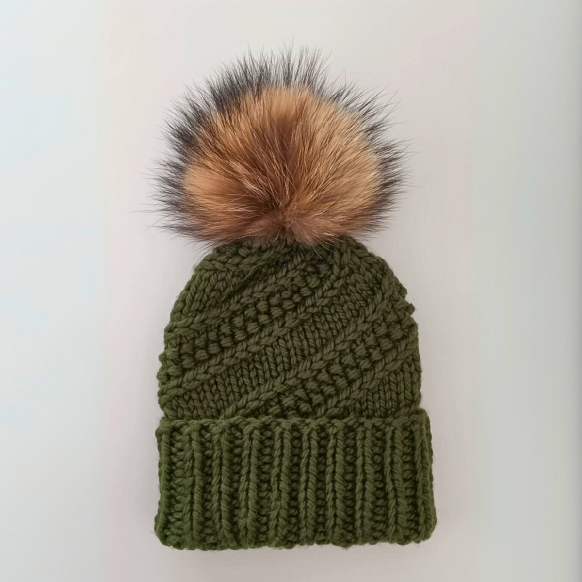 Adult Merino Hat - Double Brim - Dark Green with Removable Pompom