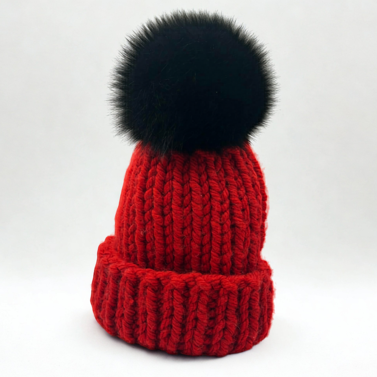 Adult Hat - Double Brim - Bright Red with Removable Pompom