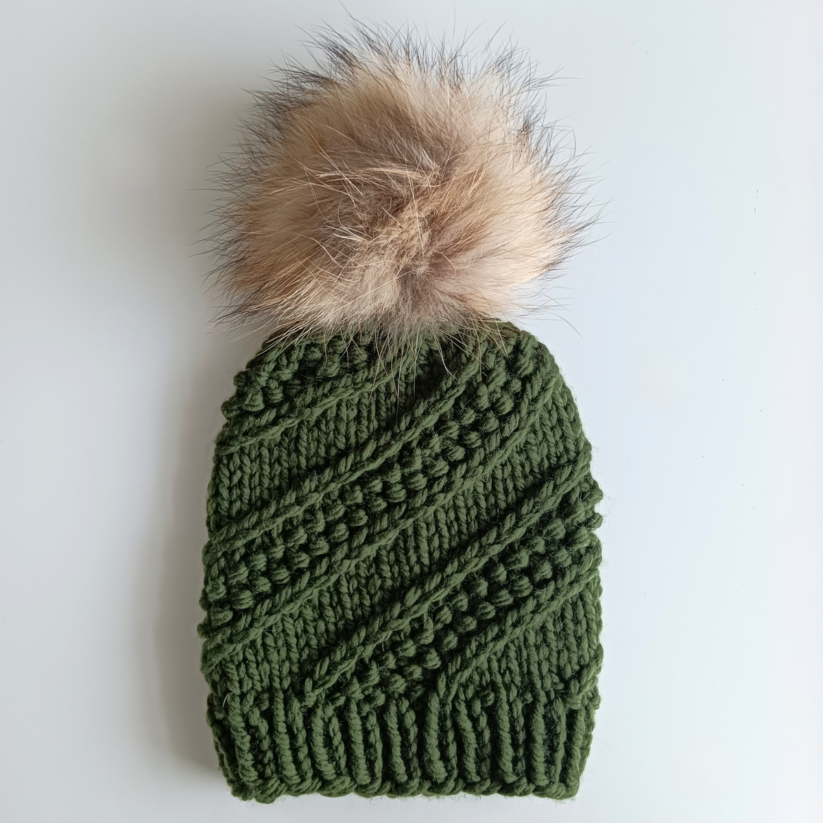 Merino Hat - Dark Green with Brown Removable Pompom