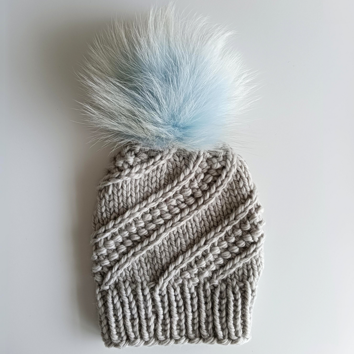 Merino Hat - Light Grey with Removable Ice Blue Pompom