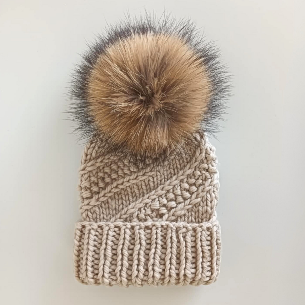 Merino Hat - Oat Colour with Removable Pompom