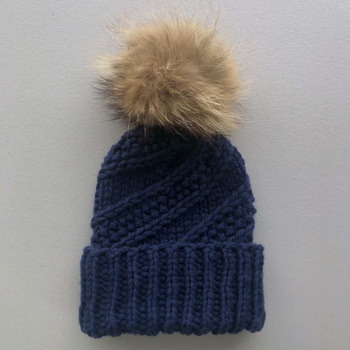 NEW: Dark Blue Merino Hat with Removable Pompom