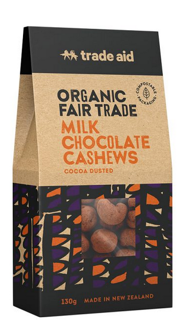 Trade Aid- Organic 40% milk chocolate coated cashews – 130g